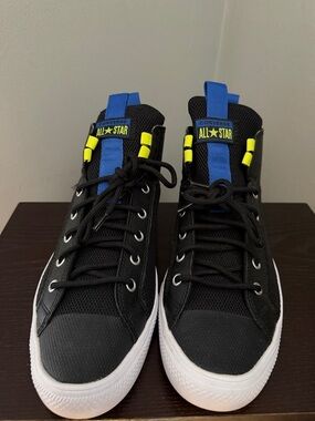Converse Black High-Top Sneakers with Blue Pull Tabs & Neon Yellow Accents